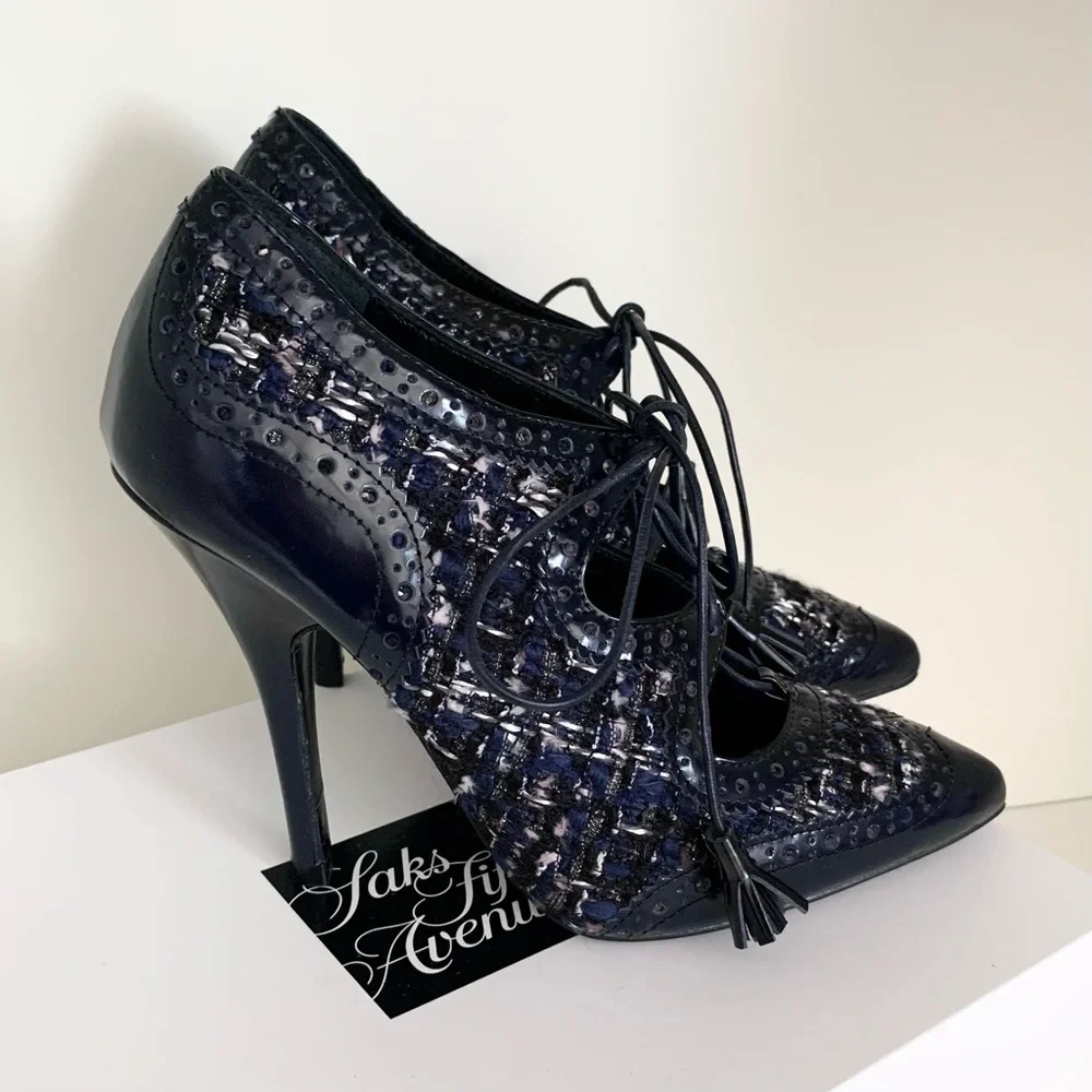 Tory Burch tweed tassel lace up oxford heels